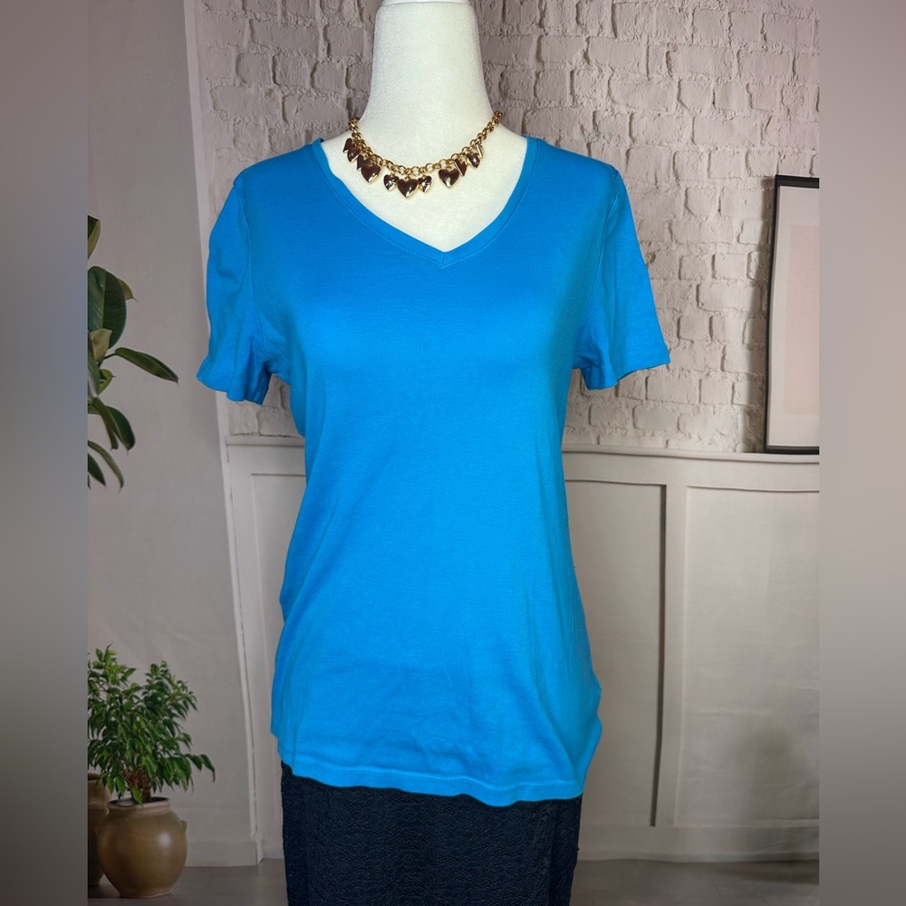 Talbots Vibrant Blue V-Neck Short Sleeve Top large petite 100% cotton